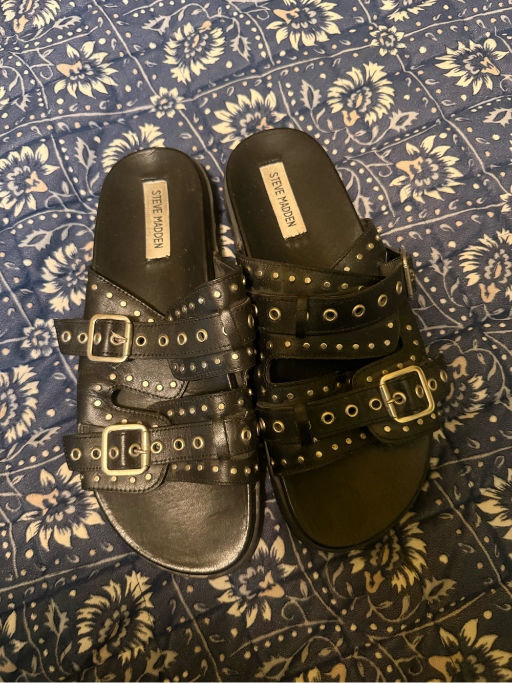 Steve Madden Black Studded Double-Buckle Slide Sandals